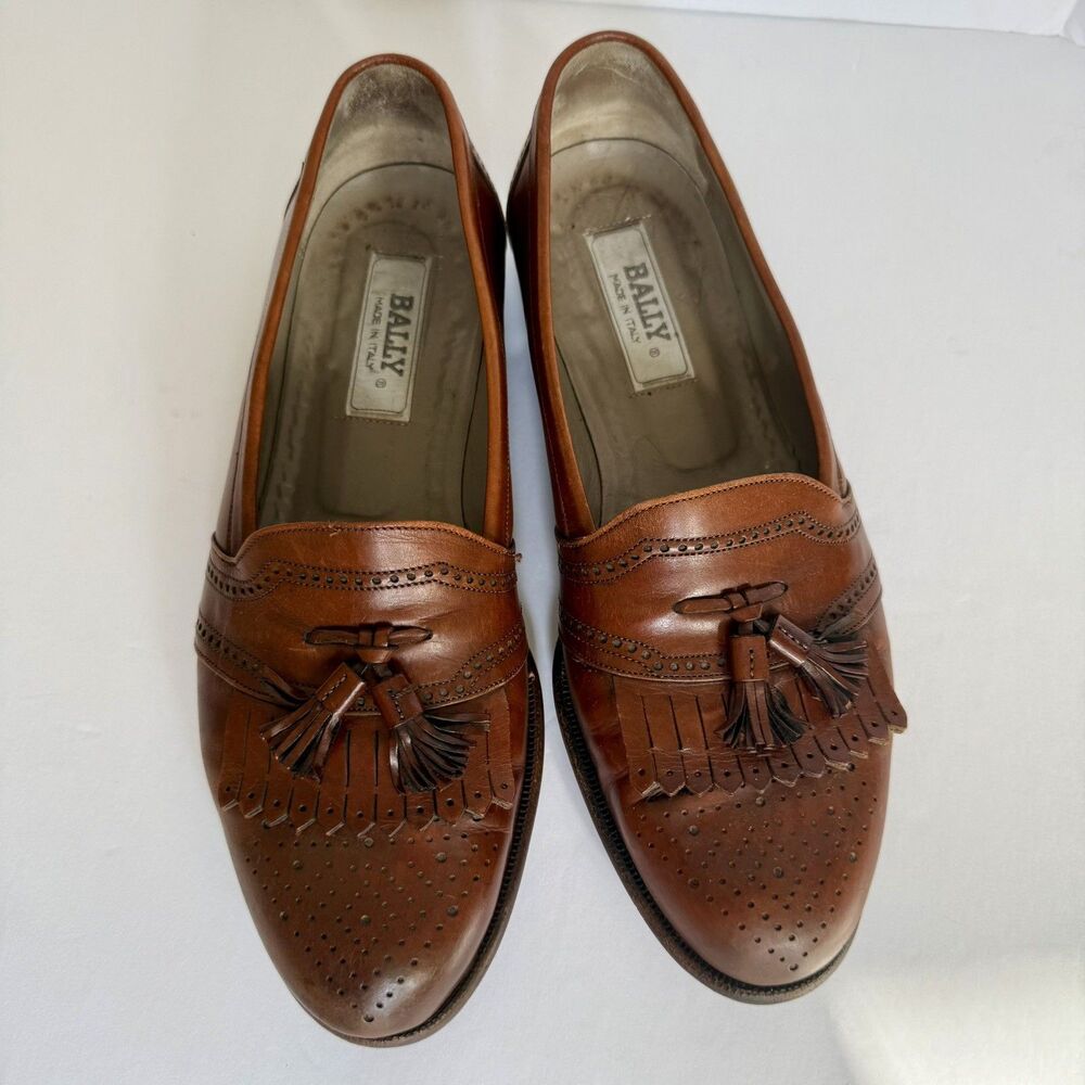 Vtg Bally Loafers Mens 9D Italian Leather Tassel Kiltie Cognac Dress Shoes